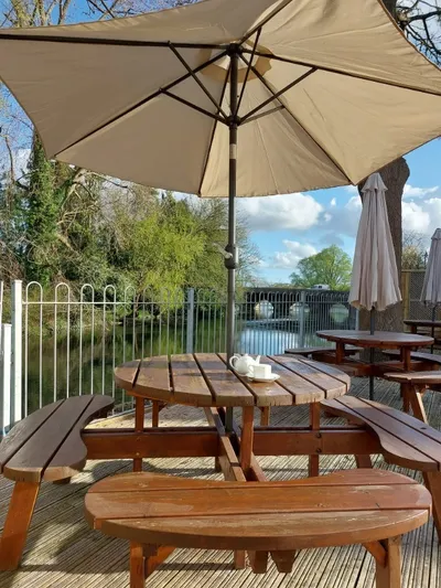 Tables outside with river views